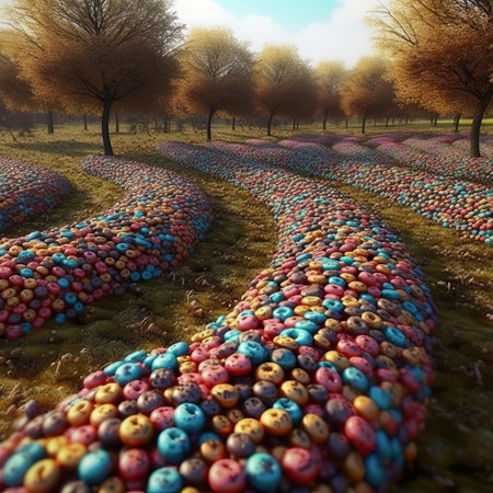 Colorful donuts sprouting from an orchard. Generative AIの素材