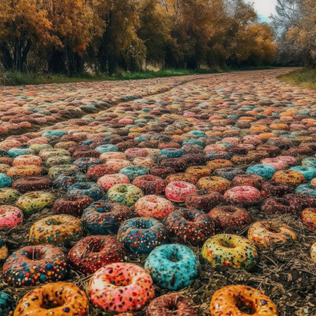 Colorful donuts sprouting from an orchard. Generative AIの素材