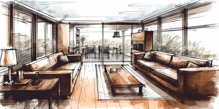 Living room sketch design concept. Generative AIの素材