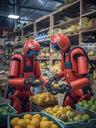 Robots working in a greenhouse harvesting fruits and vegetables. Generative AIの素材