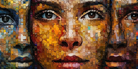 Digital mosaic with variety of faces. Generative a.i.の素材