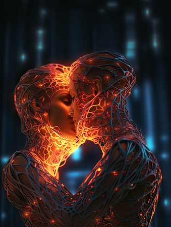 Wedding couple melting into a technological embrace. Generative AIの素材