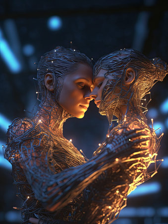 Wedding couple melting into a technological embrace. Generative AIの素材