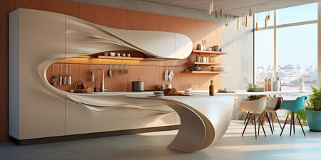 Futuristic kitchen with organic shapes. Generative AIの素材