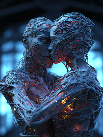Wedding couple melting into a technological embrace. Generative AIの素材