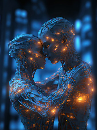 Wedding couple melting into a technological embrace. Generative AIの素材