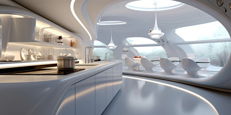 Futuristic kitchen with organic shapes. Generative AIの素材