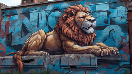 Graffiti of a lion coming out of a wall. Generative AIの素材