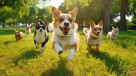 Happy dogs running towards the camera. Generative AIの素材