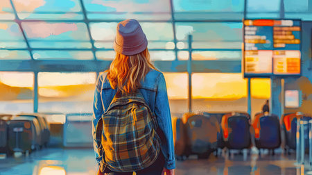 A girl with her back to the travel airport. Generative AIの素材