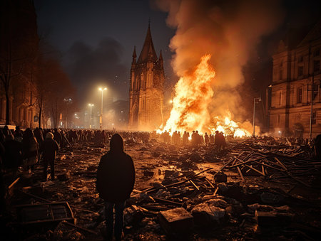 Riot scene in the city. Generative AIの素材