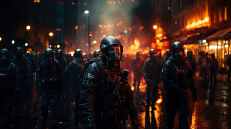 Riot scene in the city. Generative AIの素材