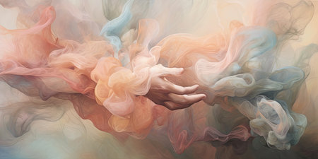 Blurred and cloudy background with hands that touch each other as a sign of love. Generative AIの素材