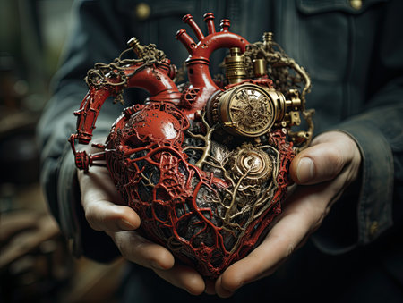 Mechanical artificial heart in the hands. Sees it. Generative AIの素材