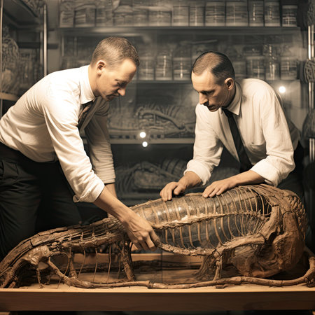 Vintage fictional photograph of scientists analyzing an alien. Generative AIの素材