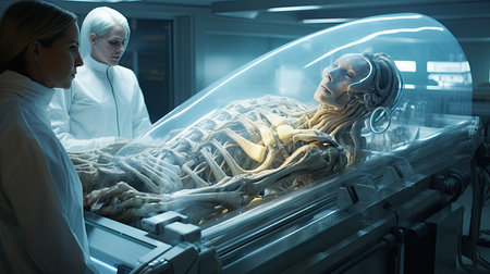 Scientists analyzing an alien in a laboratory. Generative AIの素材