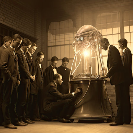 Vintage fictional photograph of scientists analyzing an alien. Generative AIの素材