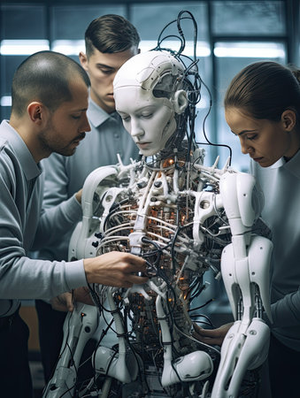 Scientists checking the operation of a cyborg robot. Generative AIの素材