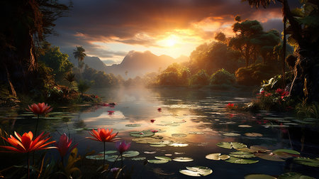 Idyllic paradisiacal and colorful landscape. Generative AIの素材