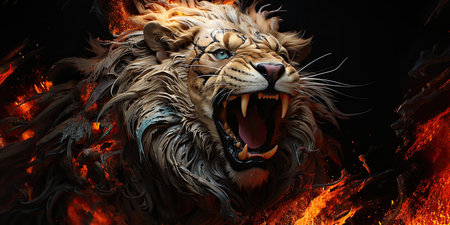 Abstract art with lion roaring on fire. Generative AIの素材