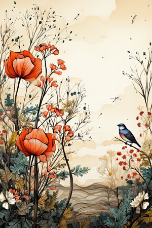 Colorful floral art with birds. Generative AIの素材