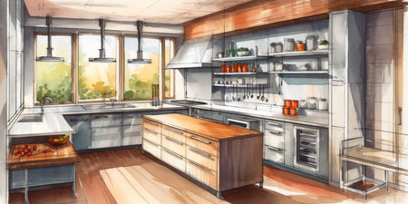 Kitchen concept design. Generative AIの素材