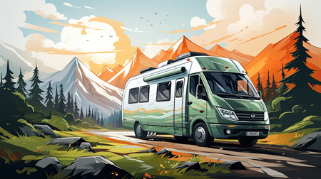 A motorhome in the mountains. Generative AI illustrationの素材