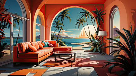 A sofa in a room with futuristic neon lights. Generative AIの素材