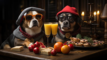 Two dogs celebrating a Christmas dinner. Generative AIの素材