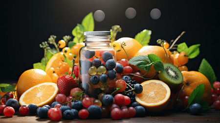 Multivitamins varied from fruits and foods. Generative AIの素材