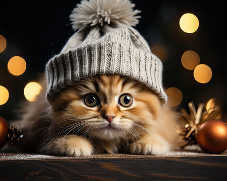 Kitten peeking out in Christmas scene. Generative AIの素材