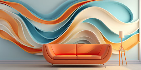 Sofa with very modern background and decoration and soft shapes. Generative AIの素材
