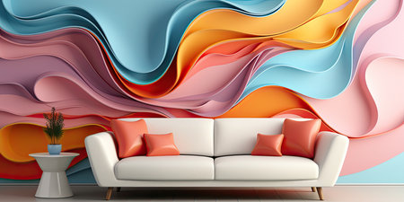 Sofa with very modern background and decoration and soft shapes. Generative AIの素材