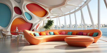 Sofa with very modern background and decoration and soft shapes. Generative AIの素材