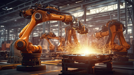 Robot arm in a factory. Generative AIの素材