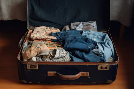 Clothes stacked in a travel suitcase. Generative AIの素材