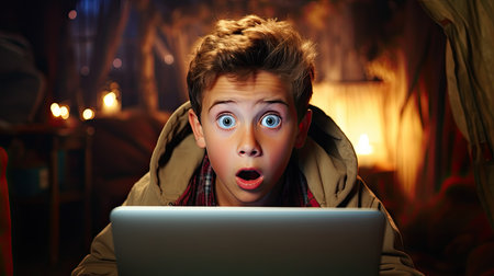 A surprised child in front of a computer. Generative AIの素材
