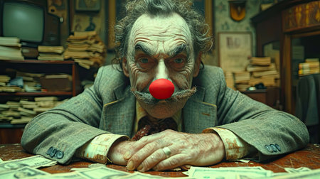 Miserly millionaire in his office with a clown nose. Generative AIの素材