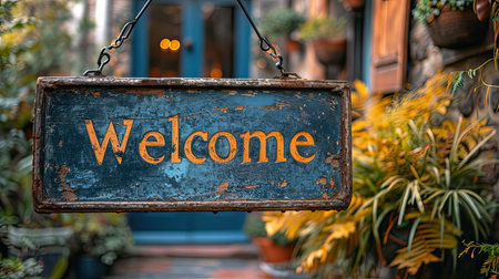 Sign with the text welcome in a hotel. Generative AIの素材