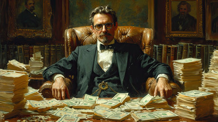 Miserly millionaire in his office with money. Generative AIの素材
