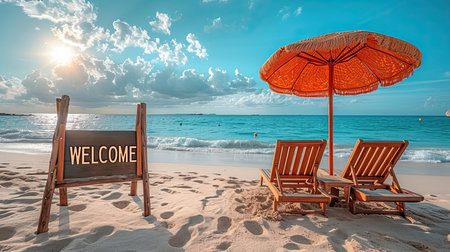 Inviting beach scene with a warm welcome. Generative AIの素材