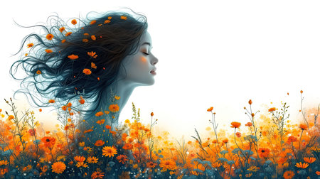 Serene profile with wildflowers in her hair. Generative AIの素材