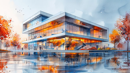 Modern architecture amidst vibrant autumn foliage. Generative AIの素材
