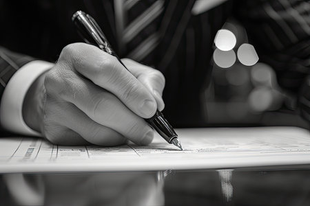 Hand signing important document decisively. Generative AIの素材