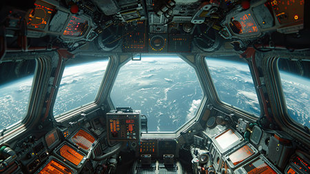 Spacecraft cockpit overlooking Earth from orbit. Generative AIの素材