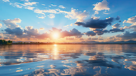 Sunset reflection on serene mountain lake. Generative AIの素材