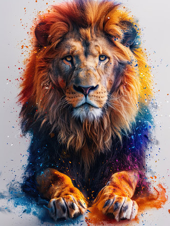 Colorful lion majestically painted by generative AIの素材
