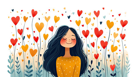 Smiling girl amidst whimsical heart flowers. Generative AIの素材