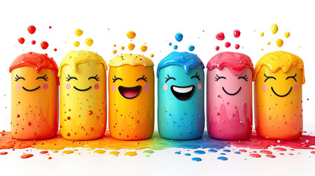 Cheerful paint cans splashing colors joyfully. Generative AIの素材