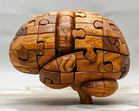 Interlocked wooden pieces forming a puzzle brain. Generative AIの素材